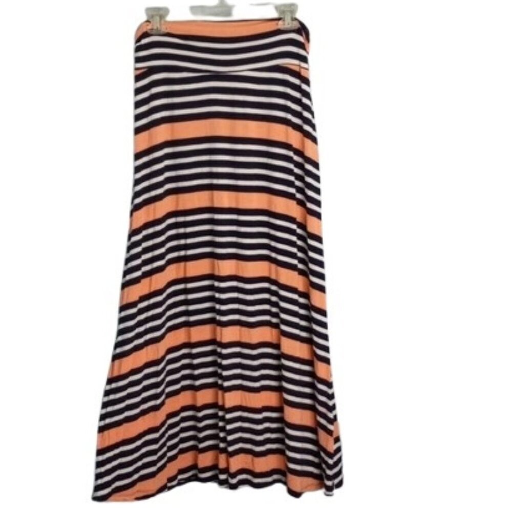 Merona L Maxi Skirt Stripes Stretchy Black White Orange Side Ruching